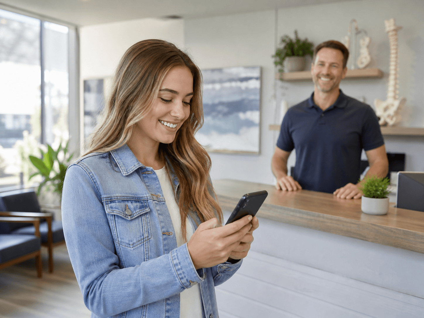 Happy chiropractic patient sharing feedback on her phone