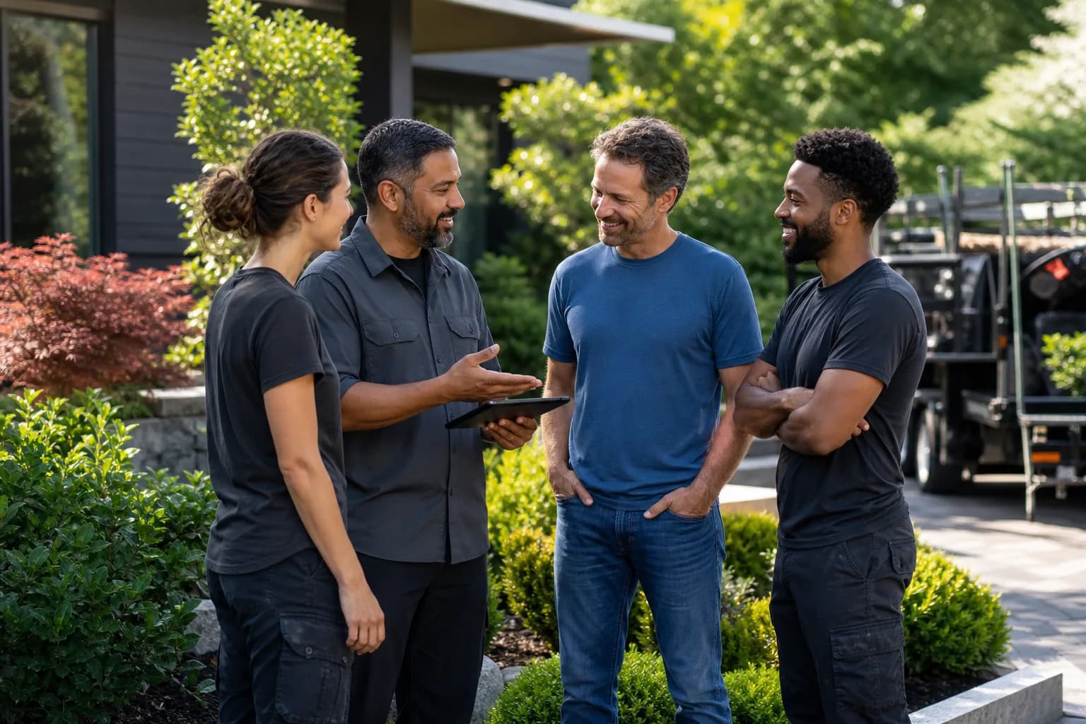 A landscaping team meeting with a homeowner